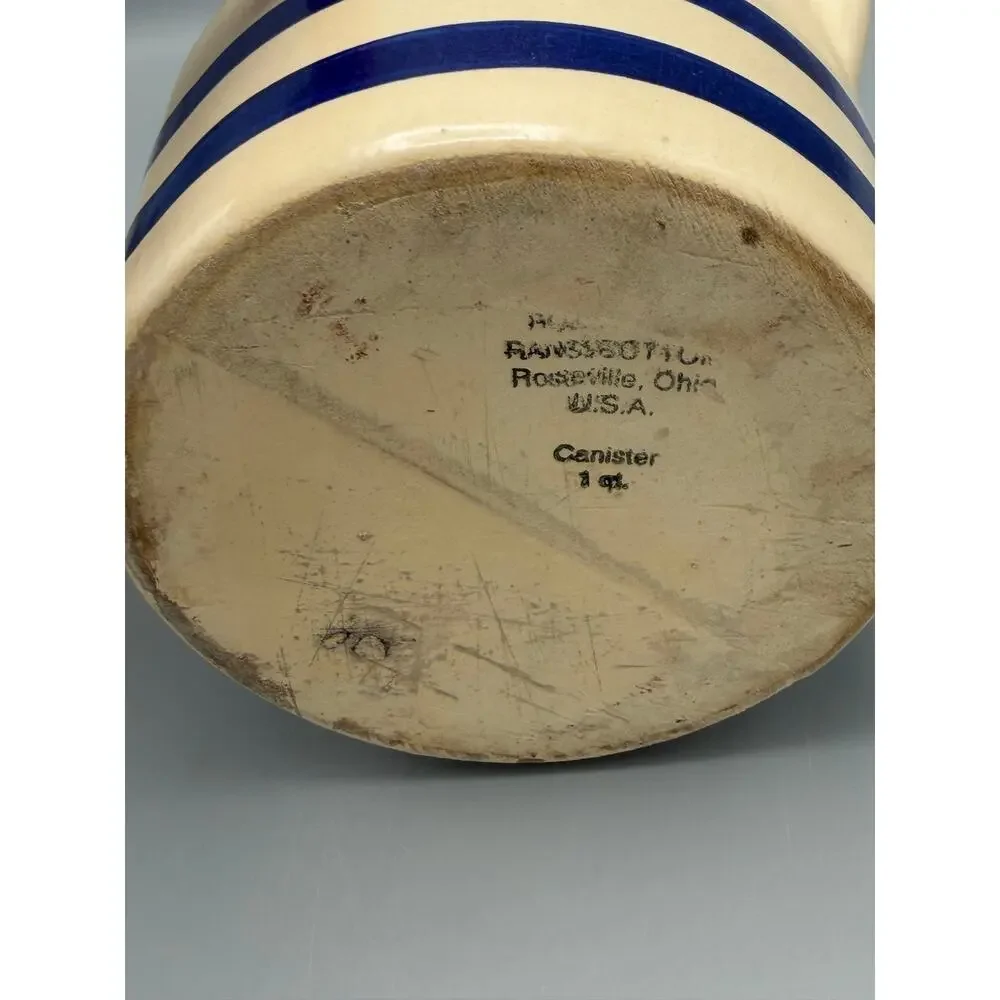 Robinson Ransbottom RRP Roseville Ohio 1 Qt Canister Crock Lid Blue Stripe